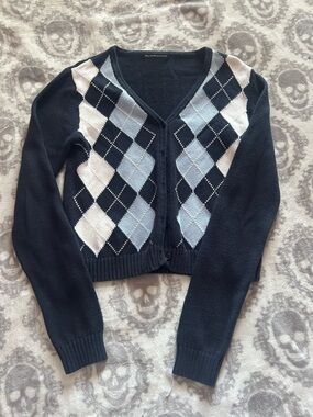 Brandy Melville Black Argyle Knit Cardigan with Light Blue and White Diamonds